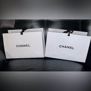 Chanel Packaging 2 Gift Bags White Clutch Pouch Black Logo Ribbon 11' X 7.5'x 4’
